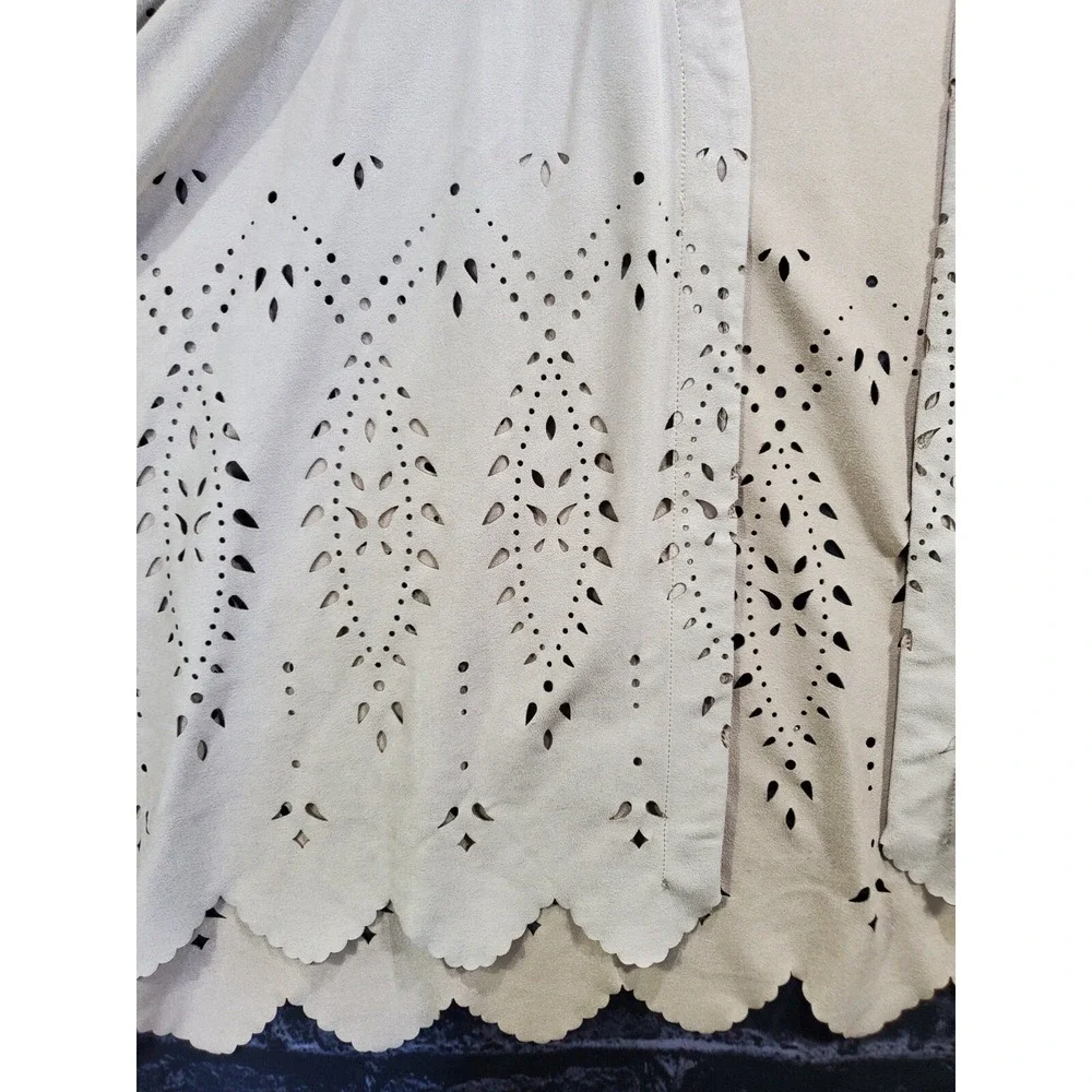 Chicos Faux Suede Open Front‎ Cardigan Womens S Tan Laser Cut Scalloped Hem Boho